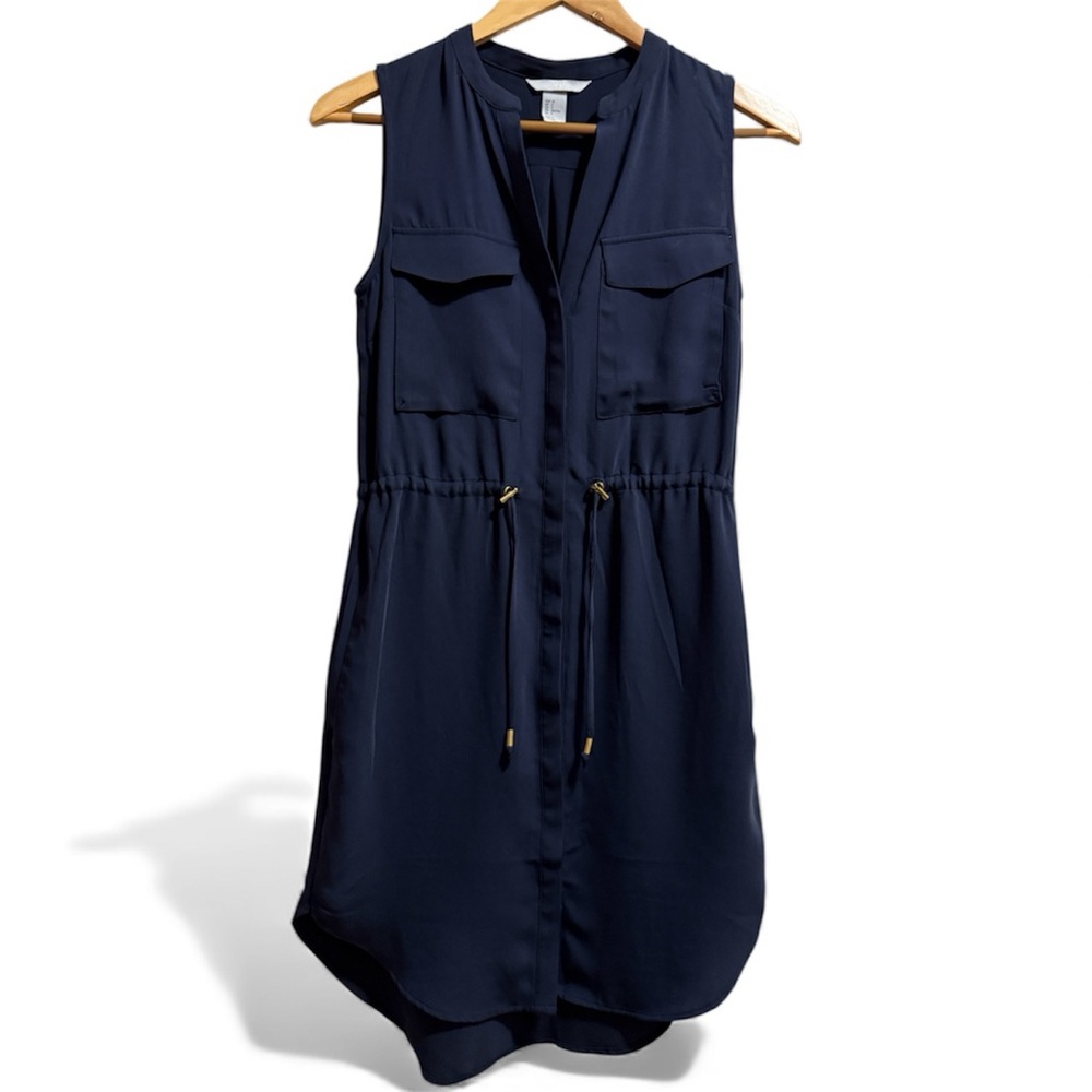 H&M Navy Sleeveless Shirt Dress with Drawstring Waist & Flap Chest Pockets Sz 2